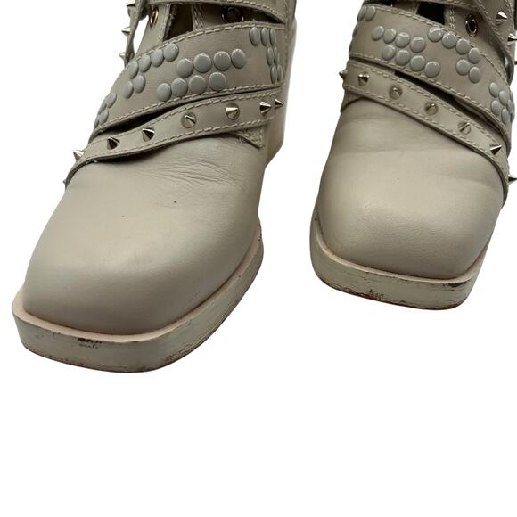 Kelsi Dagger Brooklyn Studded Wallace Buckle Leather Boots Cream Block Heel 8.5 - Picture 2 of 16